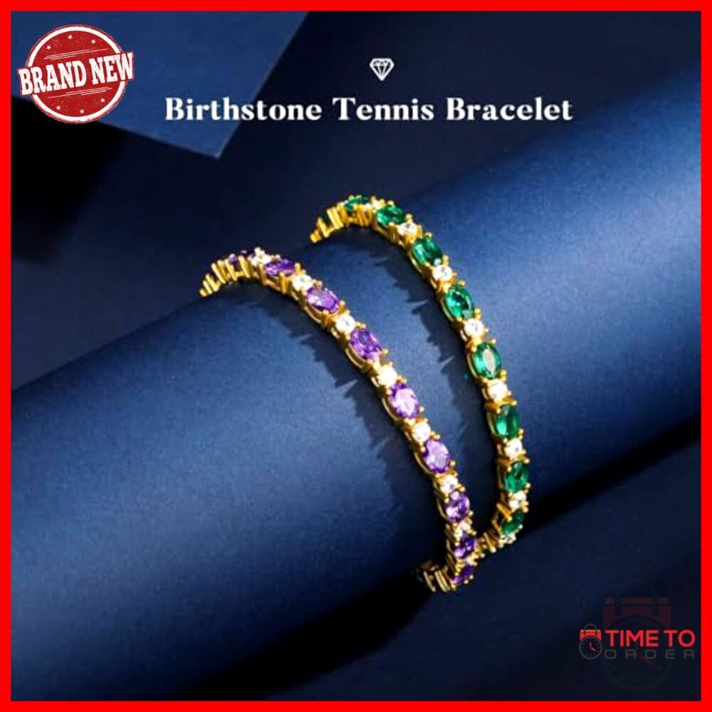 14K Gold Plated Sterling Silver Tennis Bracelet, 6.5-7 Inch, Birthstone Gift - Picture 3 of 7